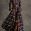 Retro Ethnic Style Lapel Reddish Plaid Maxi Dress