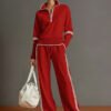 Retro Sporty Webbing Half zip Sweatshirt And Wide leg Pants Set